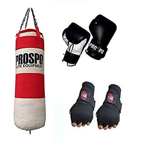 PROSPO Hard Canvas Punching Bag Handwrap Boxing Gloves  (Colour May Vary)