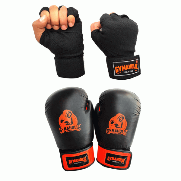 BOXING GLOVE LEATHER WITH BLACK HANDWRAP 180 INCH