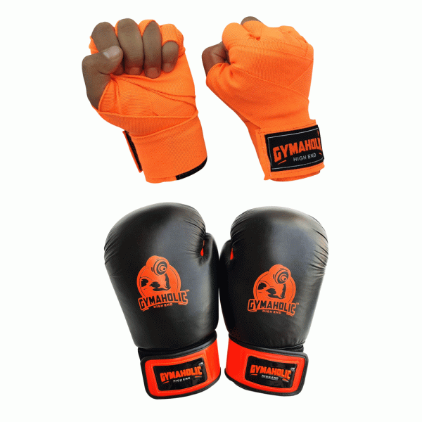 BOXING GLOVE LEATHER WITH ORANGE HANDWRAP 180 INCH