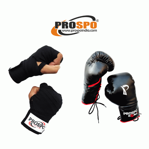 Prospo  Boxing Gloves and Hand Wraps for Men - COMBO (Black)