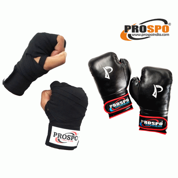 Prospo  Boxing Glove and Hand Wrap - COMBO (Black)