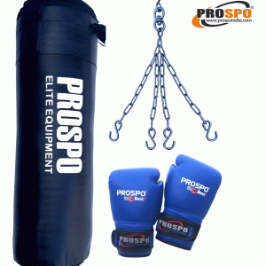 Prospo Boxing Gym Set Combo- Steel Hanging Chain, Heavy Bag, Boxing Gloves (BLUE)